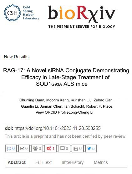 RAG-17: A Novel siRNA Conjugate Demonstrating Efficacy in Late-Stage Treatment of SOD1 G93A ALS mice